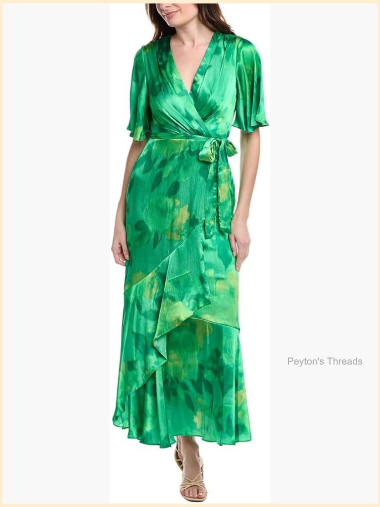 Flutter Sleeve V-Neck Faux Wrap Ruffle Maxi Dress